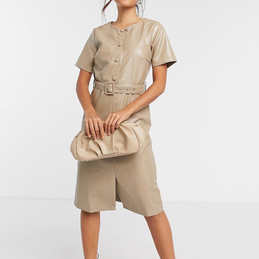 Vila leather midi dress belt, button detail tan